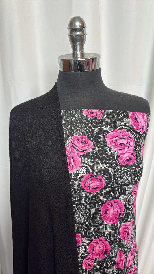 BLACK/PINK LACE/FLORAL BUNDLE : 2YD Black Textured Light-Weight SK & 2.5YD Black/Pink Lace/Floral Modal : A27928