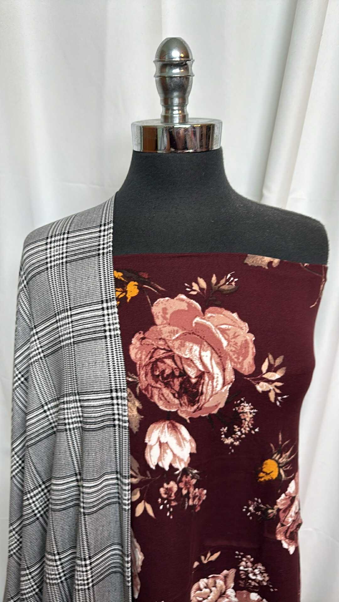 GREY PLAID/BURGUNDY FLORAL BUNDLE : 2YD Grey Plaid DBP & 2YD Burgundy Floral DBP : A27572