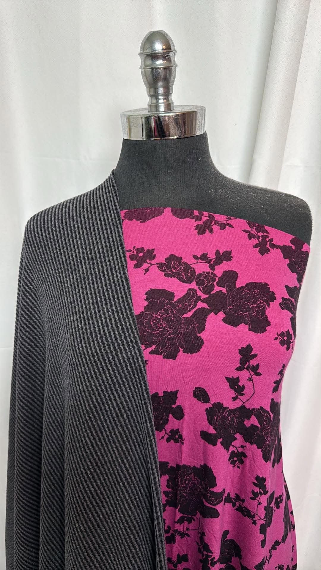 BLACK/PINK FLORAL BUNDLE : 2YD Pink Floral Bamboo & 3YD Black Urban Rib : A30661