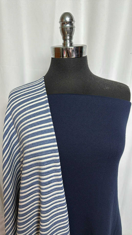 NAVY/TEXTURED STRIPE BUNDLE : 2YD Navy Sweatshirt Fleece (72" Wide) & 2YD Stripe Textured DK : A29246