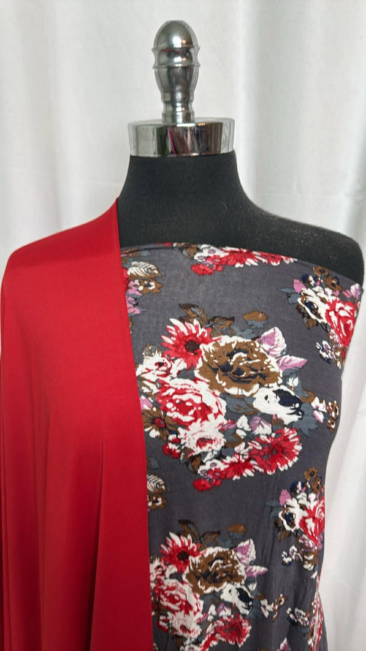 RED/CHARCOAL FLORAL BUNDLE : 2YD Charcoal/Red Floral R/S & 2YD Red Yoga PF : A30248