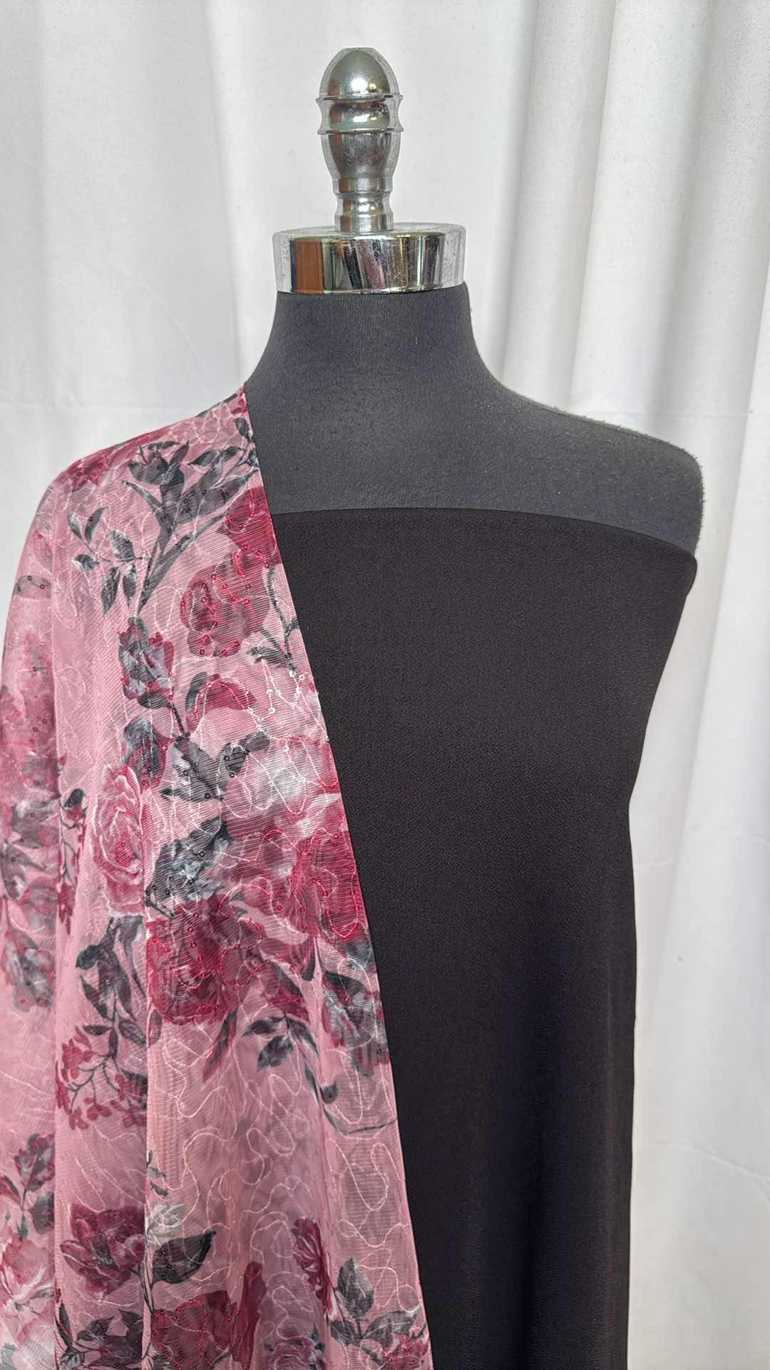 BLACK/PINK FLORAL MESHL BUNDLE : 2YD Black Crepe Scuba & 1YD Pink Floral Mesh w/Sequins : A26512