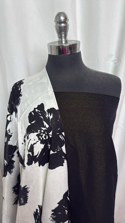 BLACK LUREX/WHITE SATIN BUNDLE : 2YD Black Millennium w/Gold Lurex (Read Descr.) & 2YD Black/White Floral P/R Satin : A30339