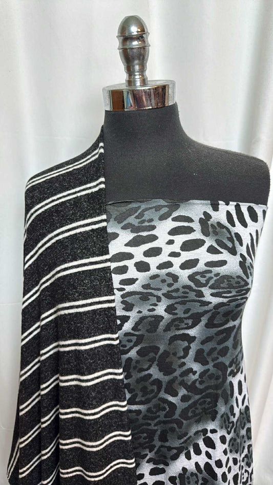 BLACK & WHITE LEOPARD/STRIPE BUNDLE : 2YD Leopard R/S & 3YD Stripe Brushed Hacci SK : A27647