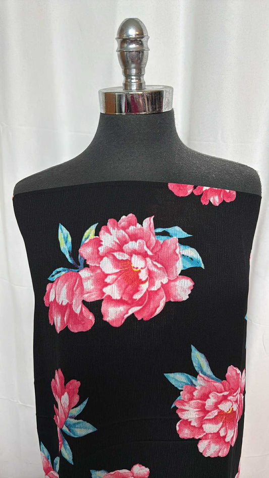 Black/Pink Floral - Crinkle Poly Woven - 2 Yard Cut