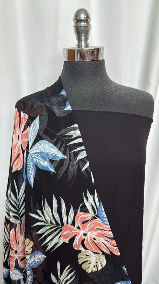 BLACK/TROPICAL FLORAL BUNDLE : 2.5YD Black Poly Woven & 3YD Tropical Floral Crinkle Chiffon : A27649
