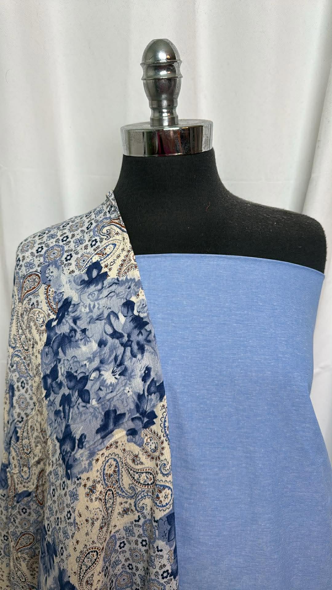 CHAMBRAY/BLUE PAISLEY-FLORAL BUNDLE : 2YD Chambray & 2YD Blue Paisley/Floral Crinkle Rayon Woven : A30341