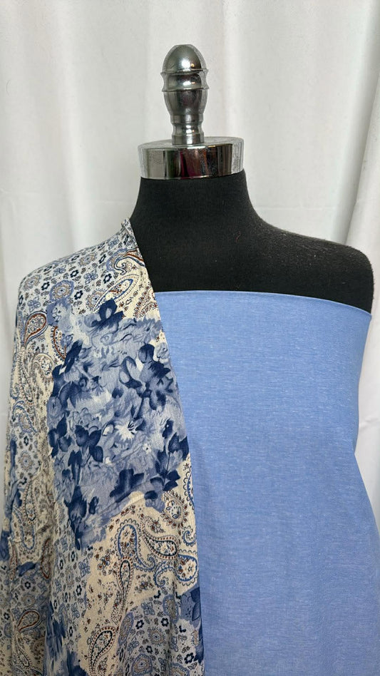 CHAMBRAY/BLUE PAISLEY-FLORAL BUNDLE : 2YD Chambray & 2YD Blue Paisley/Floral Crinkle Rayon Woven : A30341