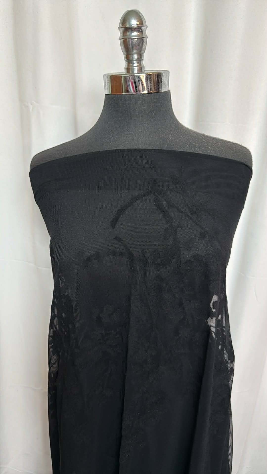 Black - Single-Border Flocked Stretch Mesh - 2 Yard Cut