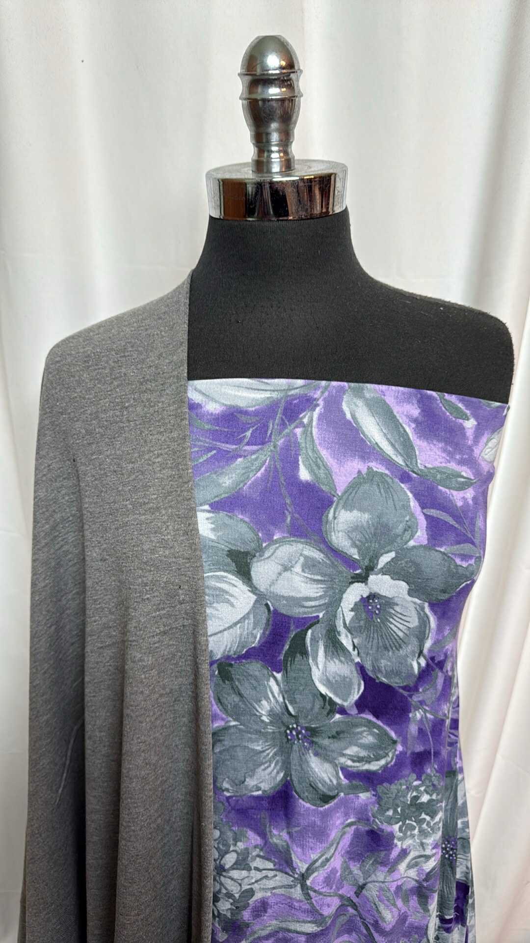 GREY/PURPLE FLORAL BUNDLE : 1YD Grey Cotton 1x1 Rib & 2.5YD Purple Modal : A27873