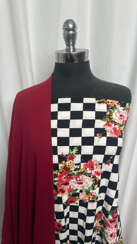 BURGUNDY/FLORAL CHECK BUNDLE : 2YD Check Floral DBP & 2YD Burgundy Heavy C/S Rib : A30345