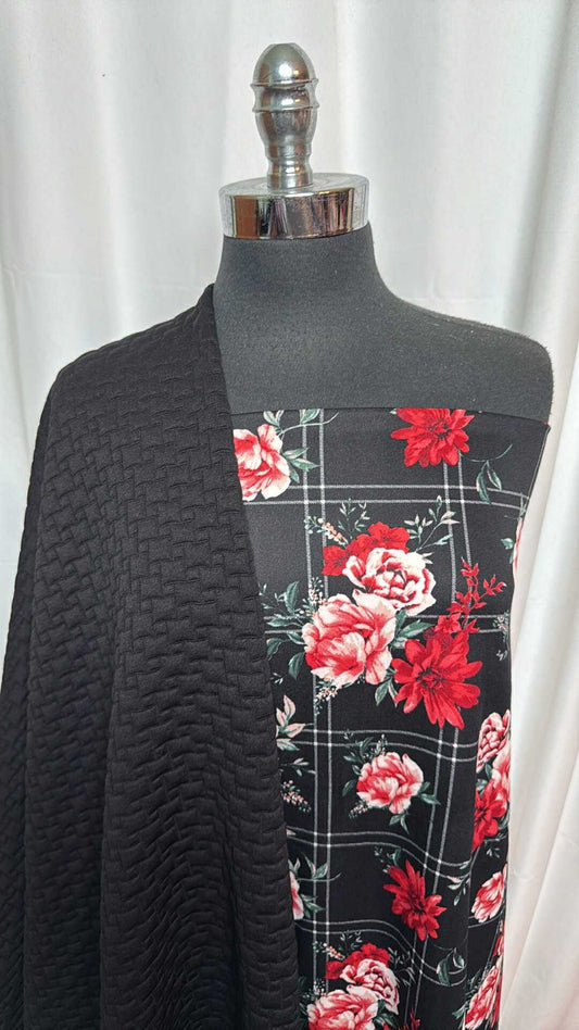BLACK-RED FLORAL/QUILTED BUNDLE : 2YD Black/Red Floral Scuba & 2YD Black Quilted : A27876