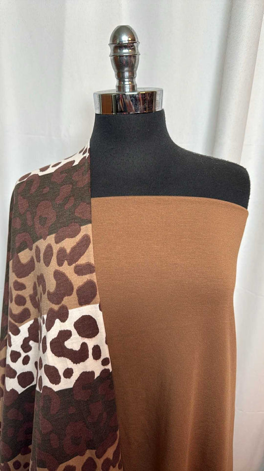 CAMEL/LEOPARD STRIPE BUNDLE : 1+YD Camel Brushed Modal/Spandex FT & 2YD Leopard Stripe PRS FT : A28742