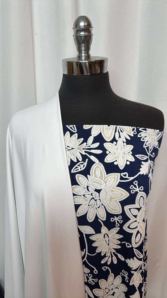 WHITE/NAVY FLORAL BUNDLE : 2YD White Wicking Yoga PF & 2YD Navy/White Floral ITY w/Puff : A26918