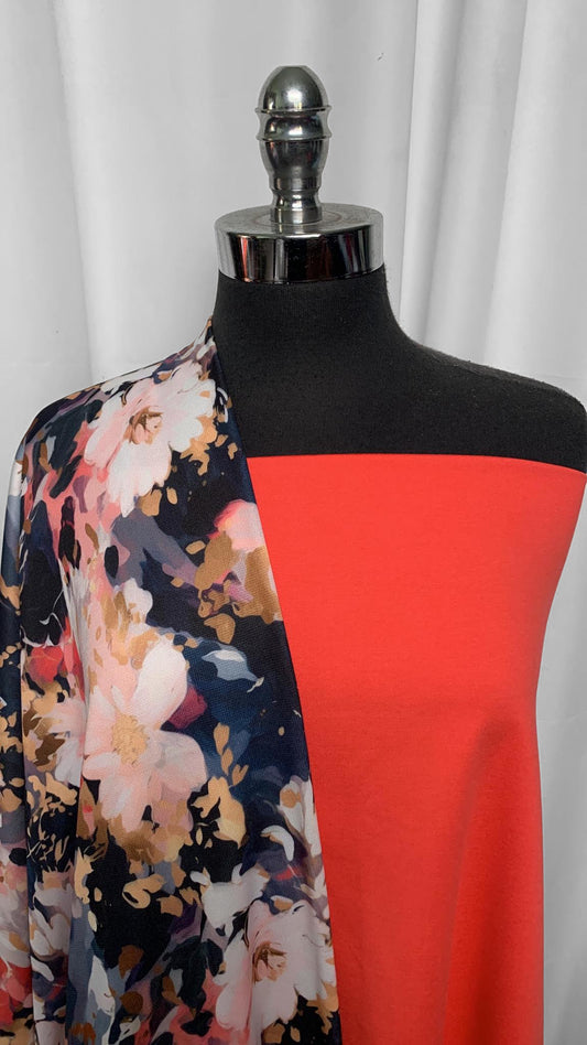 CORAL/FLORAL BUNDLE : 1.5YD Coral Peached PF & 2YD Black/Blush Floral Sport Fleece : A25542