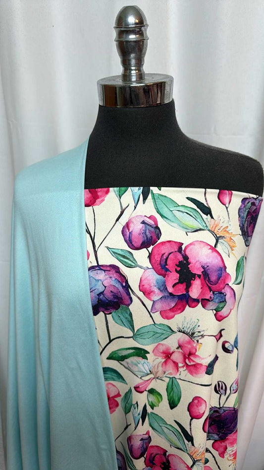 POWDER BLUE/FLORAL BUNDLE : 2YD Pink/Purple Floral Peached PF & 1.5YD Powder Blue Heather Featherweight PF : A28187