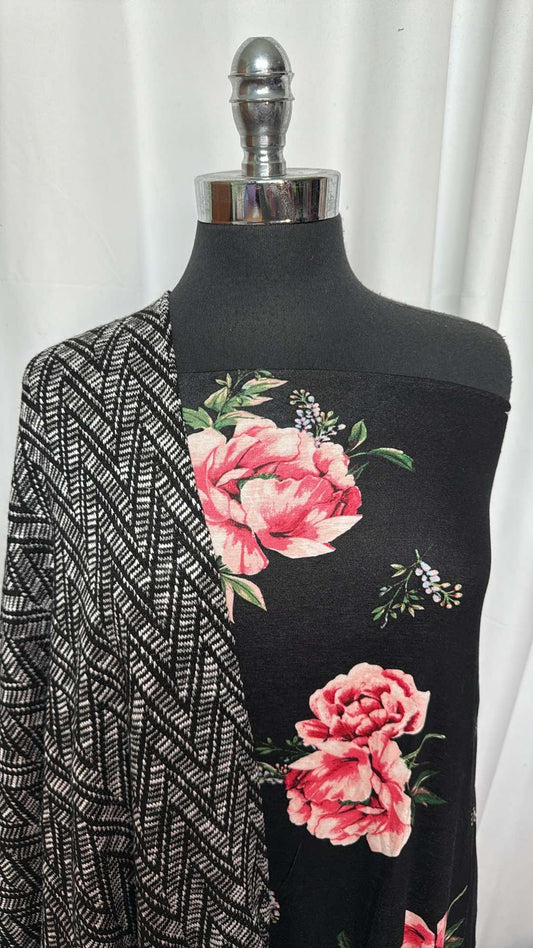BLACK FLORAL/CHEVRON BUNDLE : 2YD Black Floral R/S & 2YD Chevron Sweater : A27207