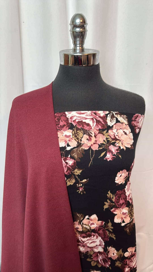 BURGUNDY/BLACK FLORAL BUNDLE : 2YD Black Floral DBP & 1+YD Burgundy Peached PF : A26948