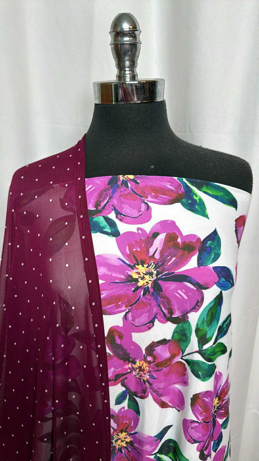 BURGUNDY DOT/FLORAL BUNDLE : 2YD Burgundy Dot Stretch Mesh & 2YD Floral N/S : A29346