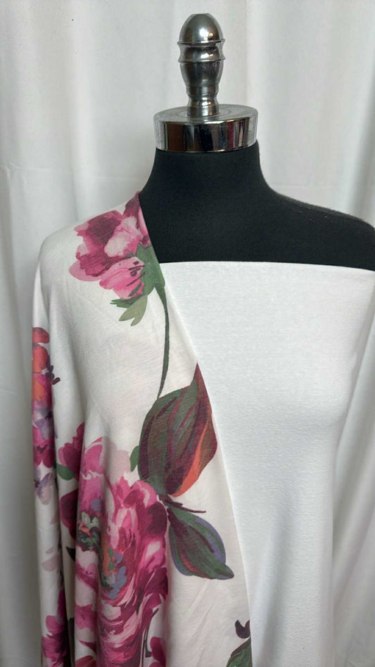 WHITE/IVORY FLORAL BUNDLE : 1YD Ivory Floral PRS FT & 2YD White Cotton 1x1 Rib : A27917