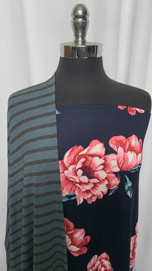 STRIPE/NAVY FLORAL BUNDLE : 2YD Stripe Bamboo & 2YD Navy Floral Scuba : A25806