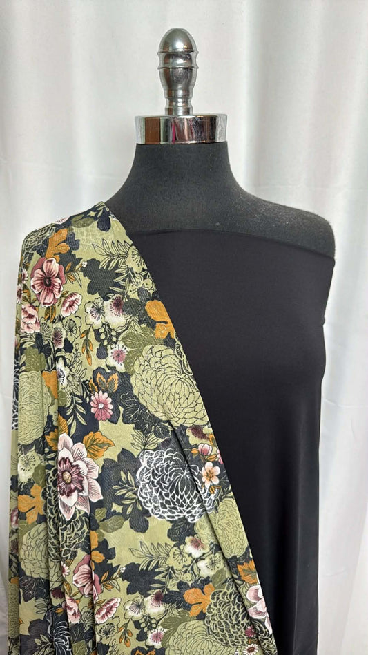 BLACK/GREEN FLORAL MESH BUNDLE : 2YD Black N/S Swim Lining & 2YD Green Floral Stretch Mesh : A29442