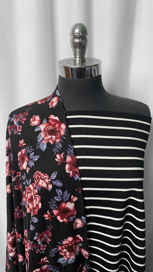BLACK FLORAL/STRIPE BUNDLE : 2YD Floral R/S & 2YD Stripe Ponte : A25093