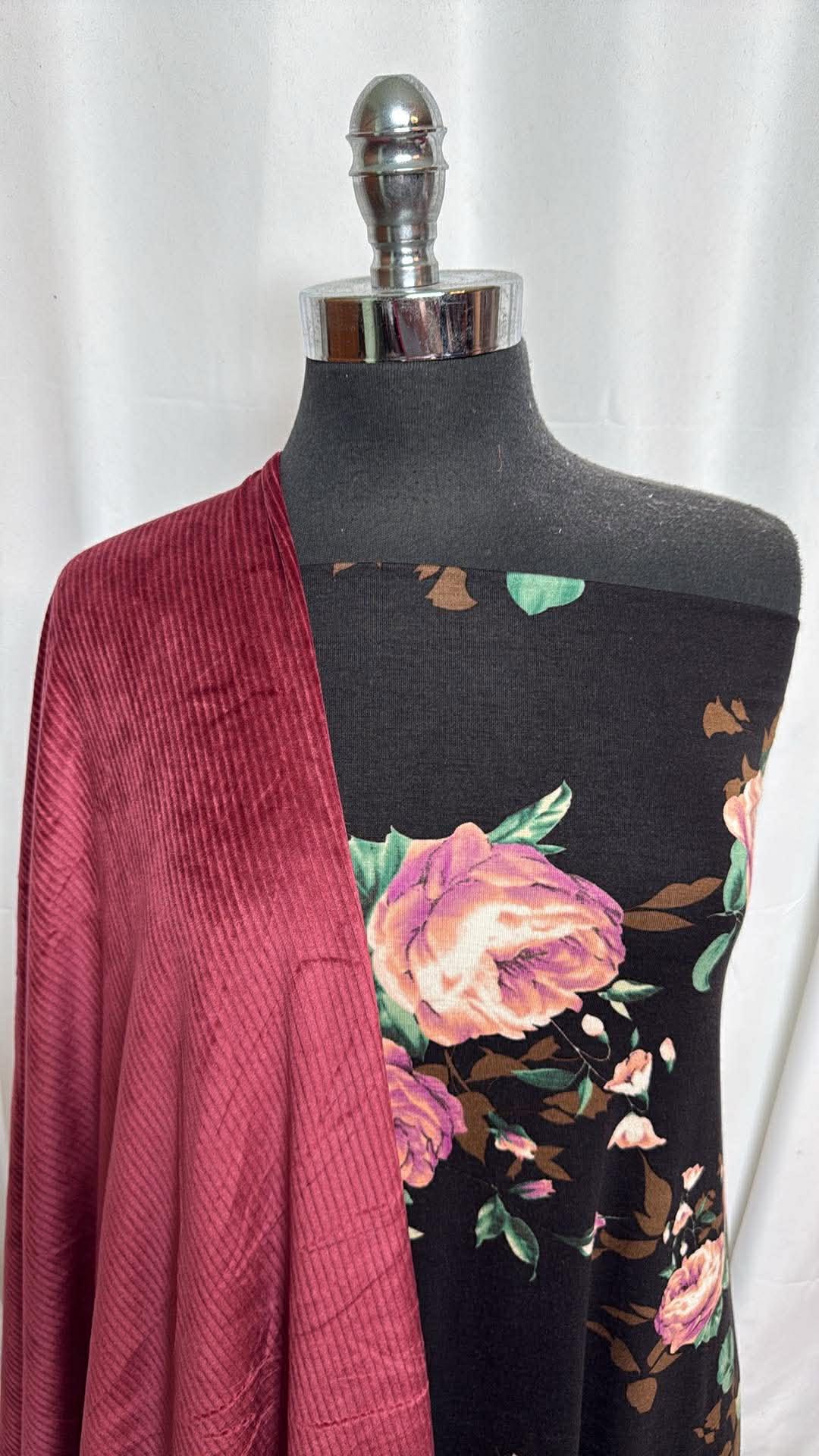 BLACK FLORAL/CORDUROY BUNDLE : 2YD Knit Corduroy & 3.5YD Floral R/S : A30140