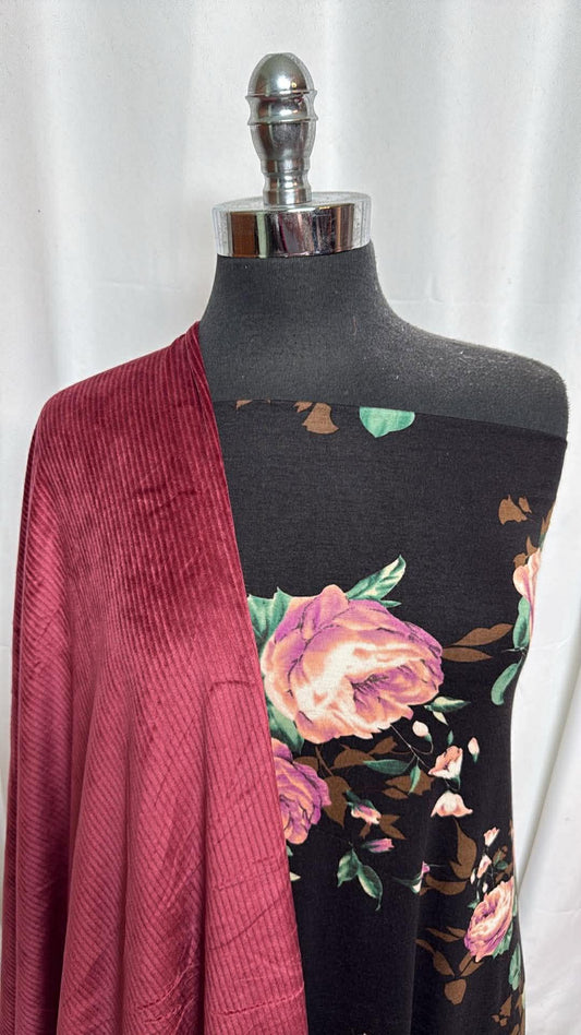 BLACK FLORAL/CORDUROY BUNDLE : 2YD Knit Corduroy & 3.5YD Floral R/S : A30140