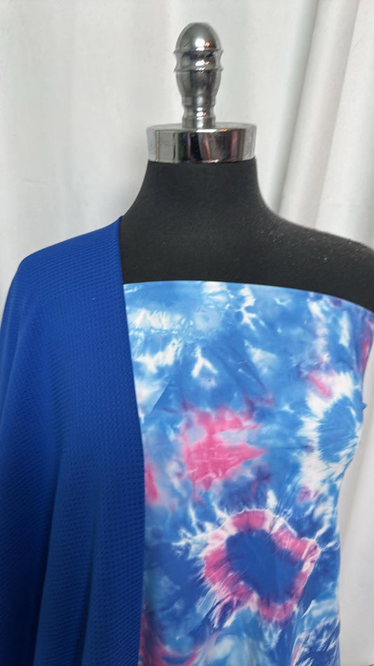 ROYAL/TIE DYE BUNDLE : 33" Cut of Blue/Pink Tie Dye Yoga PF & 2YD Royal PF Mesh : A30716