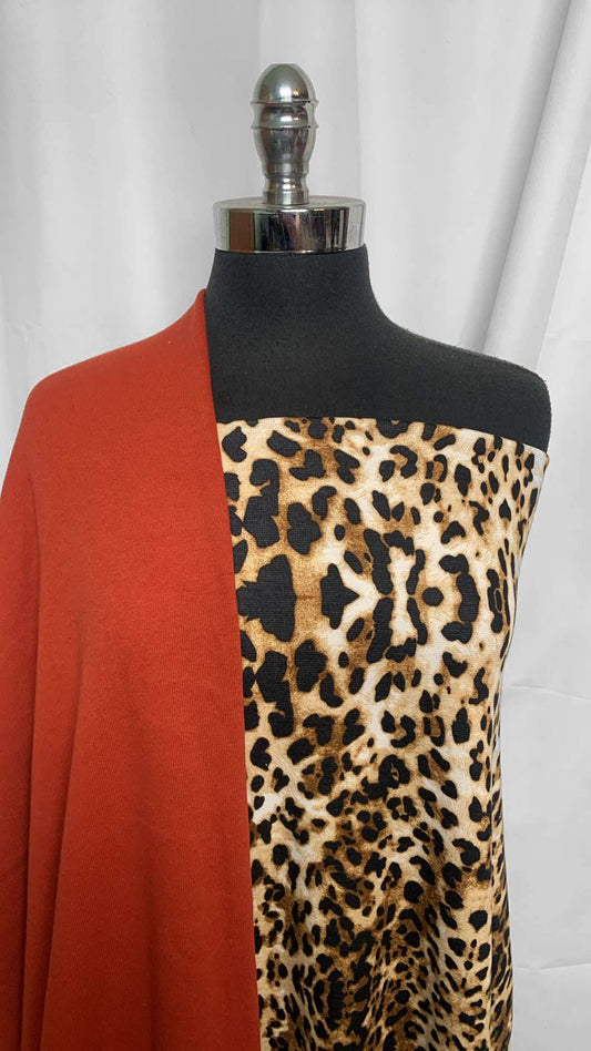 RUST/LEOPARD BUNDLE : 2YD Leopard Ponte & 2YD Rust Sweatshirt Fleece (72" Wide) : A25975