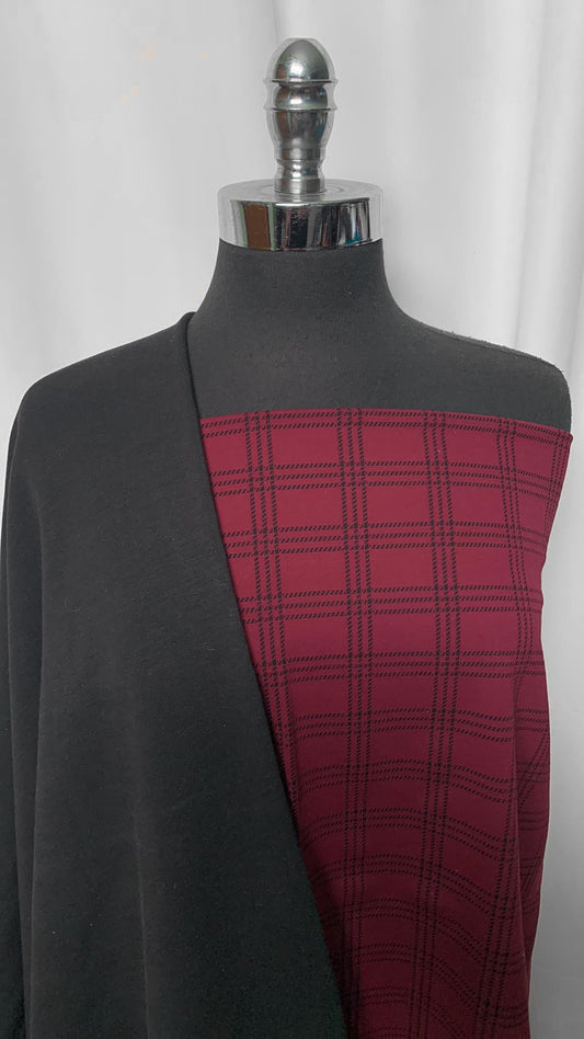 BLACK/BURGUNDY PLAID BUNDLE : 32" Burgundy Plaid Jacquard PF & 1.5YD Black Heavy C/S Sweatshirt Fleece : A2207