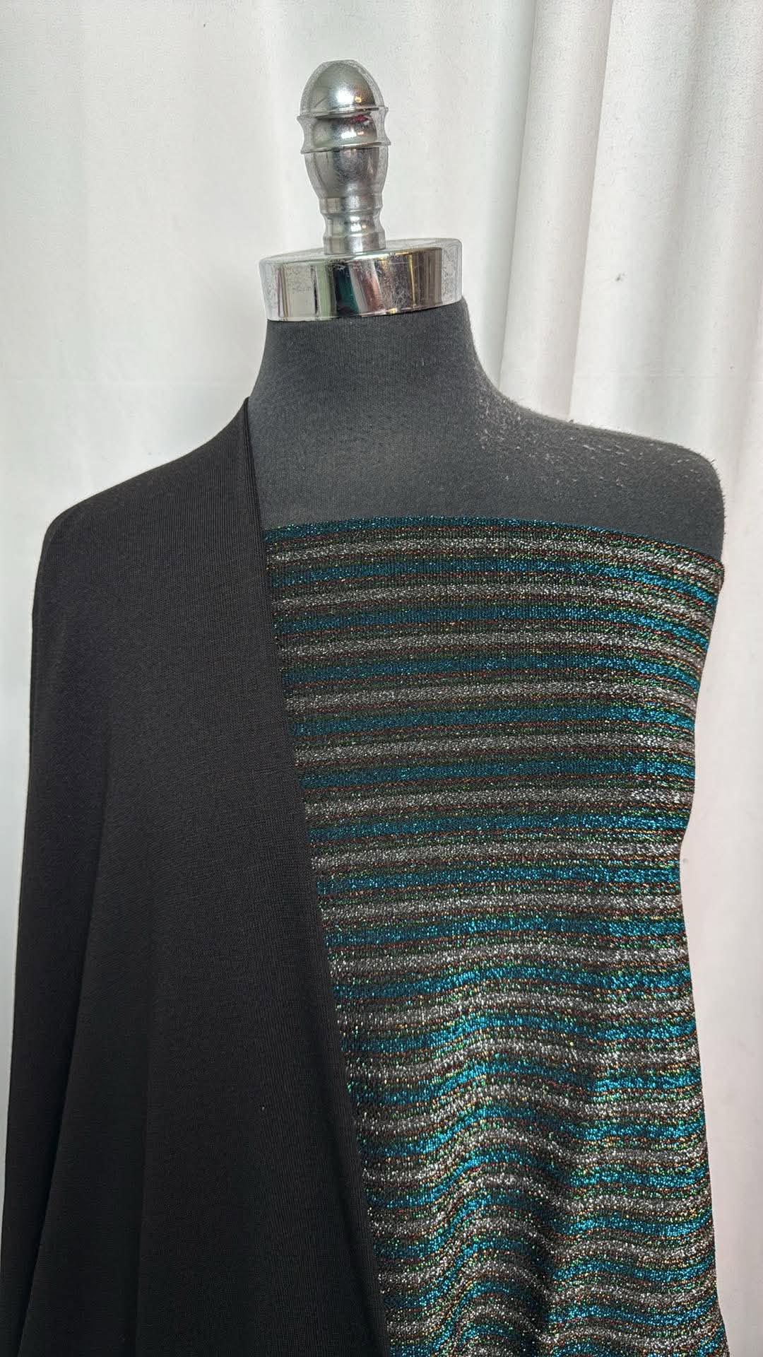 BLACK/GREEN LUREX STRIPE BUNDLE : 2YD Black Light-Weight SK & 1.5YD Green Stripe P/S w/Lurex : A31082