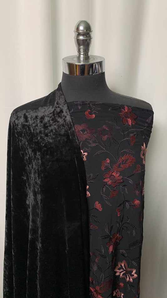BLACK VELVET/EMBROIDERY BUNDLE : 2YD Heavy Mesh w/Embroidery & 2YD Black Crushed Stretch Velvet : A2306