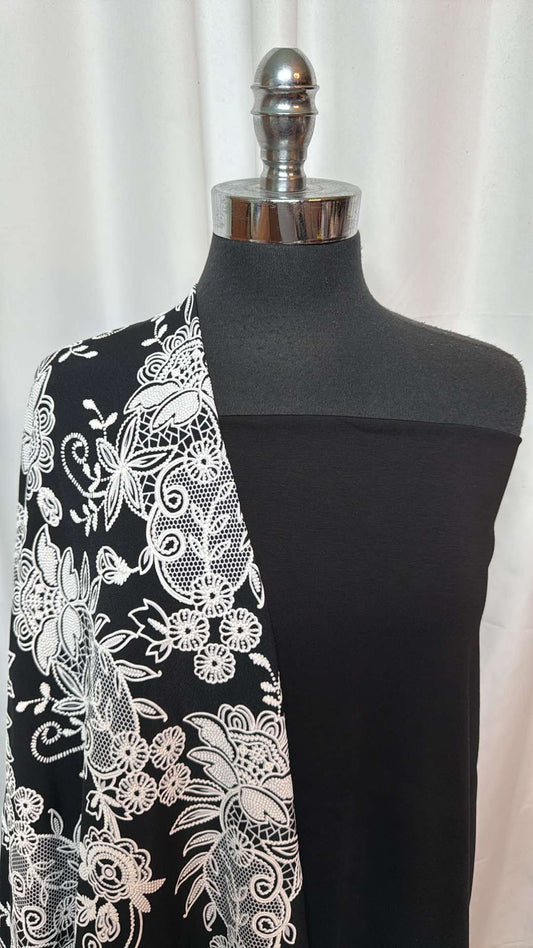 BLACK/WHITE LACE-LOOK BUNDLE : 2YD Black Cotton Ponte & 2.5YD Black/White Lace-Look ITY w/Puff : A26815