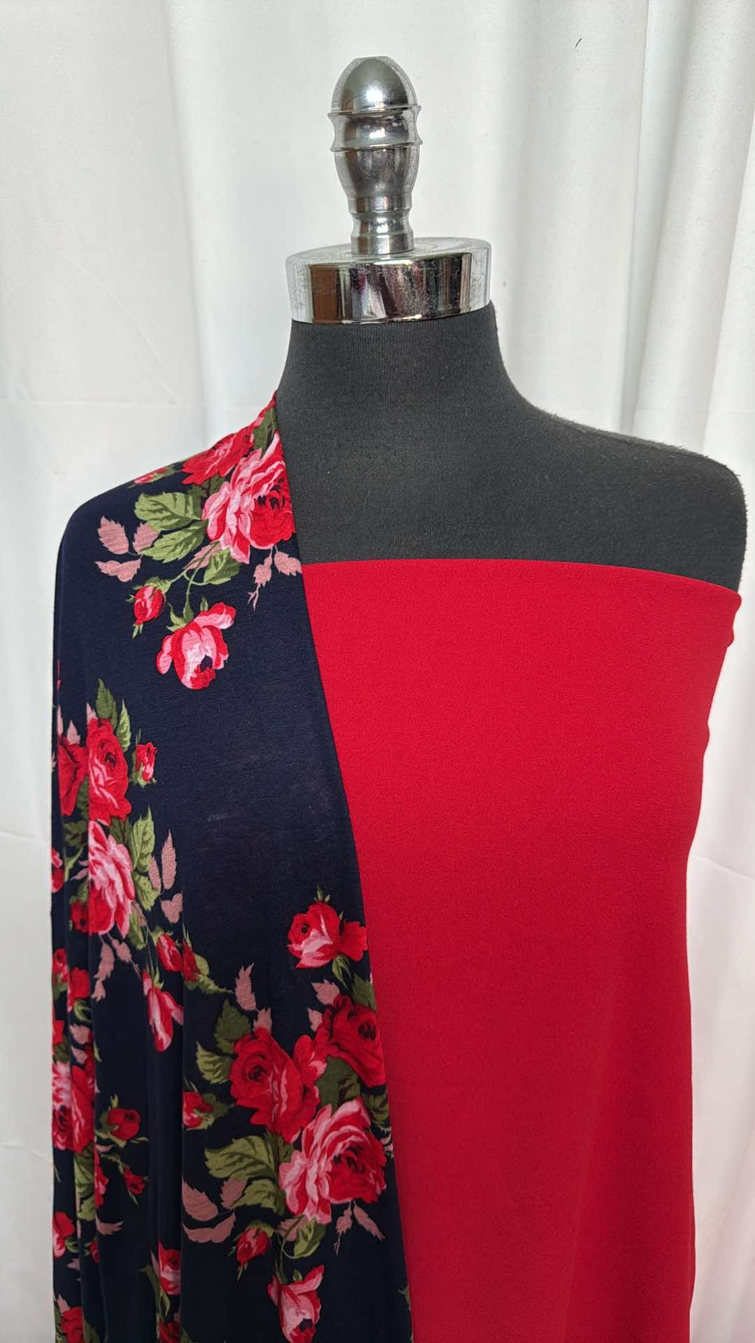 RED/NAVY FLORAL BUNDLE : 3YD Red Crepe Scuba & 2YD Navy/Red Floral Rayon Jersey : A27316