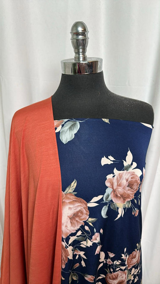 BURNT ORANGE/NAVY FLORAL BUNDLE : 2YD Navy Floral Venezia & 2YD Burnt Orange 4-Way ITY : A30182