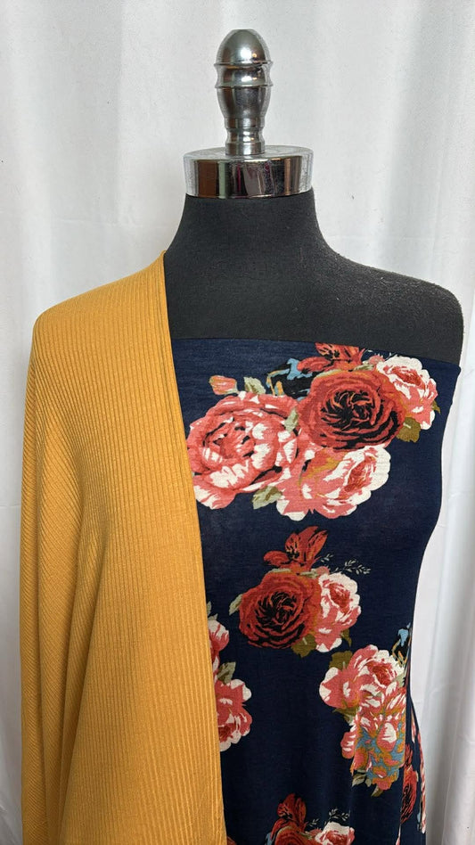 MUSTARD/NAVY FLORAL BUNDLE : 3YD Navy Floral R/S & 2YD Mustard Rib R/S : A30104