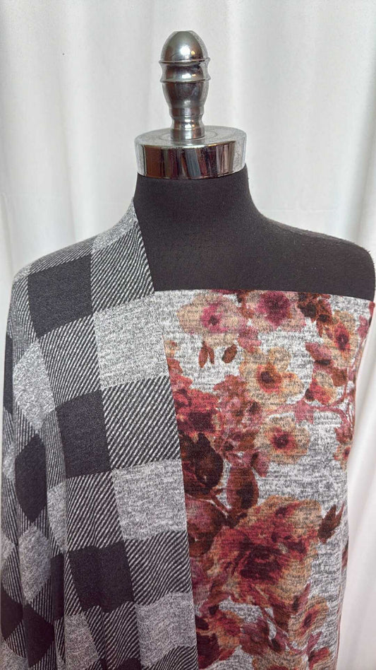 GREY FLORAL/PLAID BUNDLE : 2YD Grey Floral Brushed Hacci SK & 2YD Grey Plaid Hacci SK : A28139