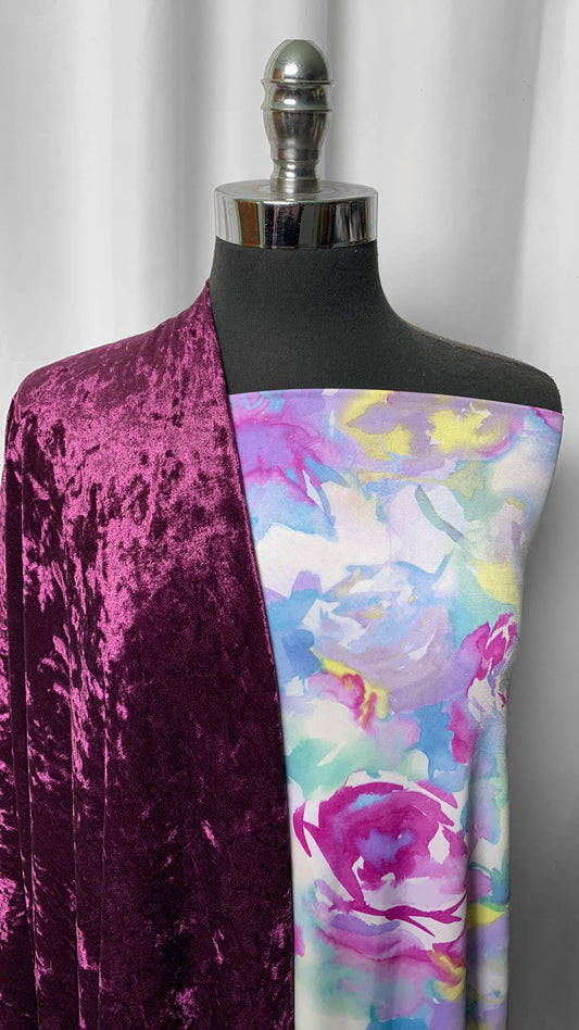 PURPLE VELVET/FLORAL BUNDLE : 3YD Floral Venezia ITY & 2YD Purple Stretch Crushed Velvet : A2542