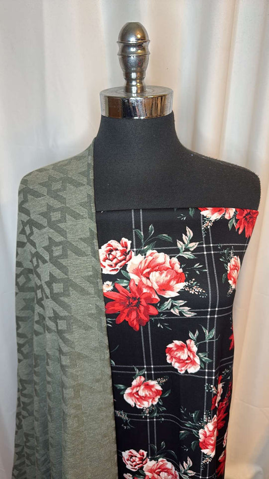 SAGE HOUNDSTOOTH/PLAID FLORAL BUNDLE : 2YD Sage Houndstooth SK & 2YD Plaid Floral Scuba: A26750