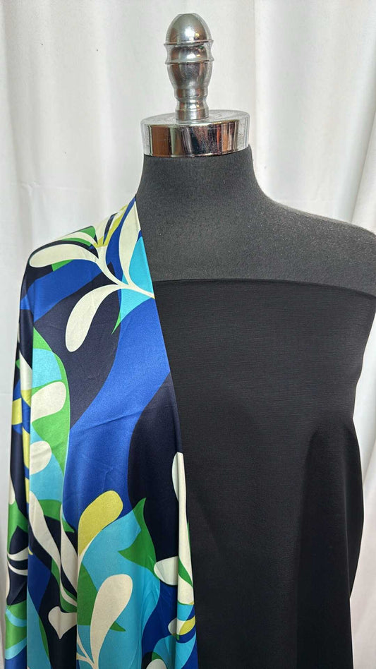 BLACK/RETRO FLORAL BUNDLE : 2YD Black Taffeta & 2YD Blue Retro Floral Poly Satin : A28229