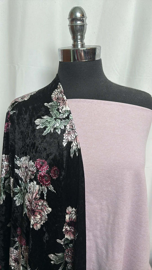 BLACK FLORAL VELVET BUNDLE : 2YD Black Floral Stretch Velvet & 1.5YD Solid Peached PF : A29753