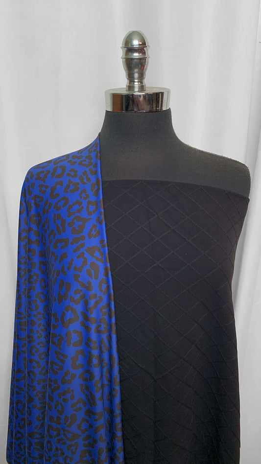 QUILTED/BLUE LEOPARD BUNDLE : 1+YD Black Faux-Quilted PF & 2YD Blue Leopard Yoga PF : A26006
