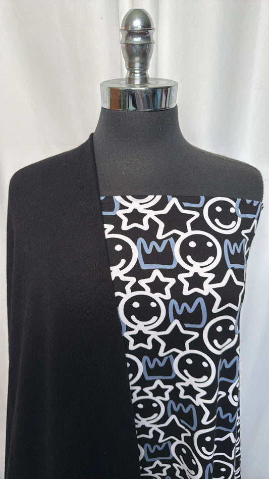 BLACK/GREY SMILES BUNDLE : 2YD Black C/P FT (72" Wide) & 2YD Black/Grey Star/Smiles DBP : A26609