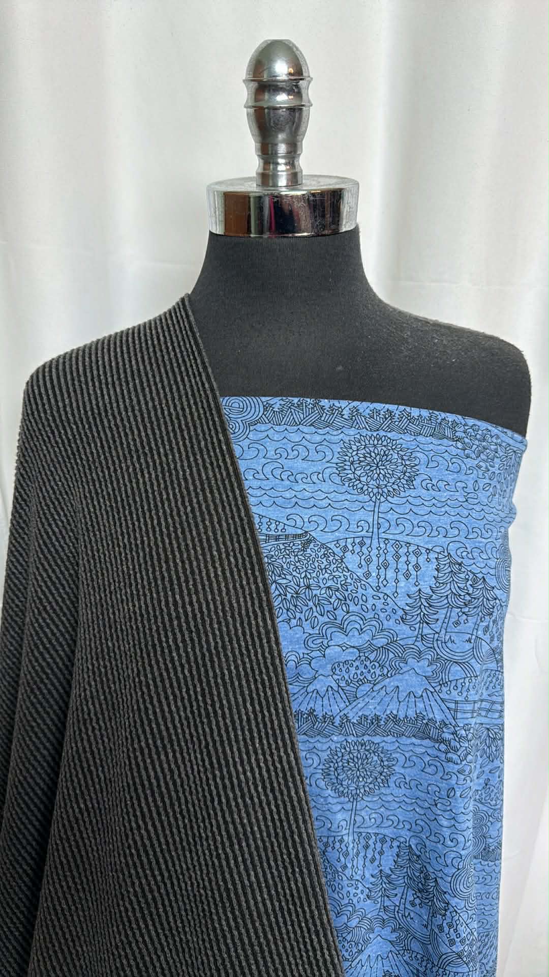 BLUE NATURE DOODLES BUNDLE : 3YD Blue Nature Doodles Cotton Jersey & 2YD Urban Rib : A29423