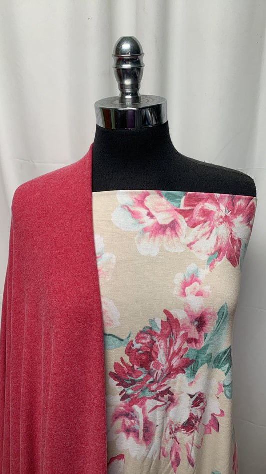 SOFT RED/FLORAL BUNDLE : 3YD Cream Floral PRS Jersey & 3YD Soft Red Hacci Jersey : A25265