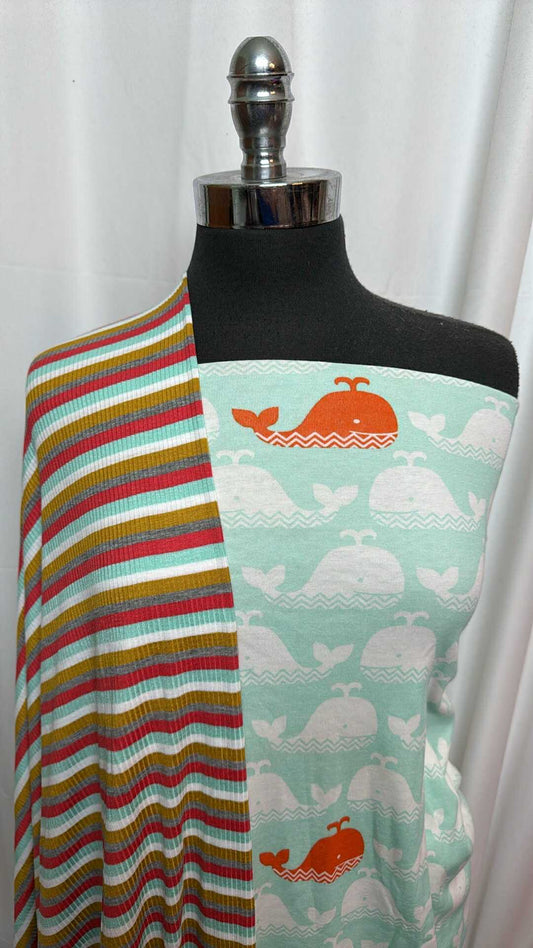STRIPE/WHALES BUNDLE : 2YD Whales Cotton Baby Rib & 2YD Stripe R/S : A28013