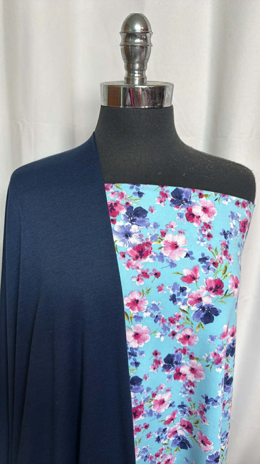 NAVY/BLUE FLORAL BUNDLE : 1YD Blue Floral DBP & 2YD Navy Poly/Rayon Ponte : A29571