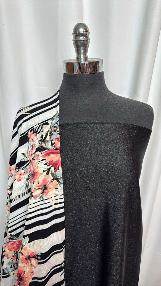 BLACK GLITTER/FLORAL-STRIPE BUNDLE : 2YD Floral/Stripe Bubble Crepe & 2YD Black Glitter Foil PF : A27579